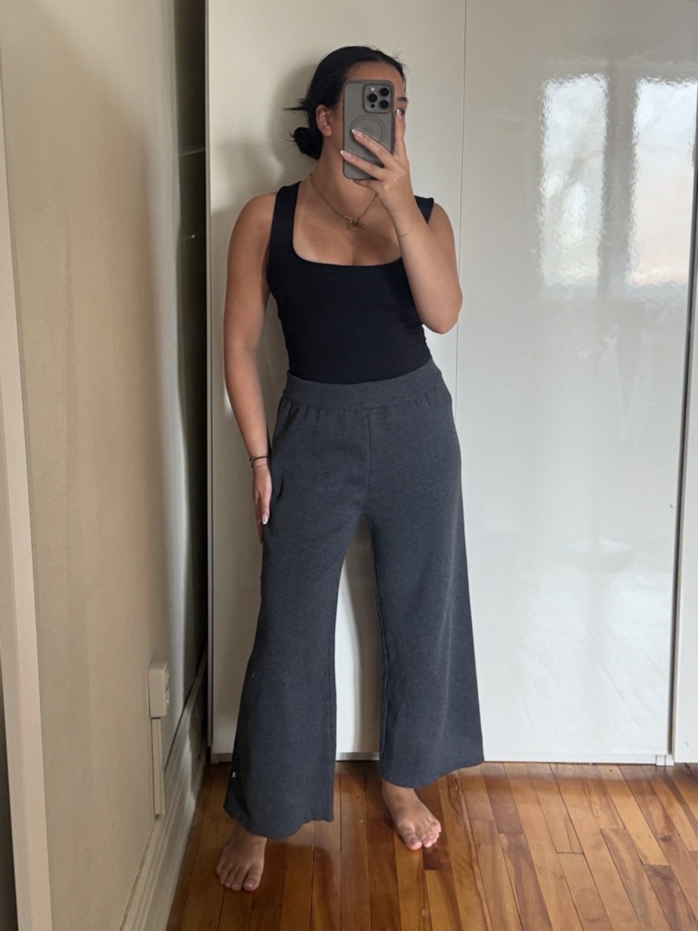 Wide-Leg Knit Pants in Charcoal Gray